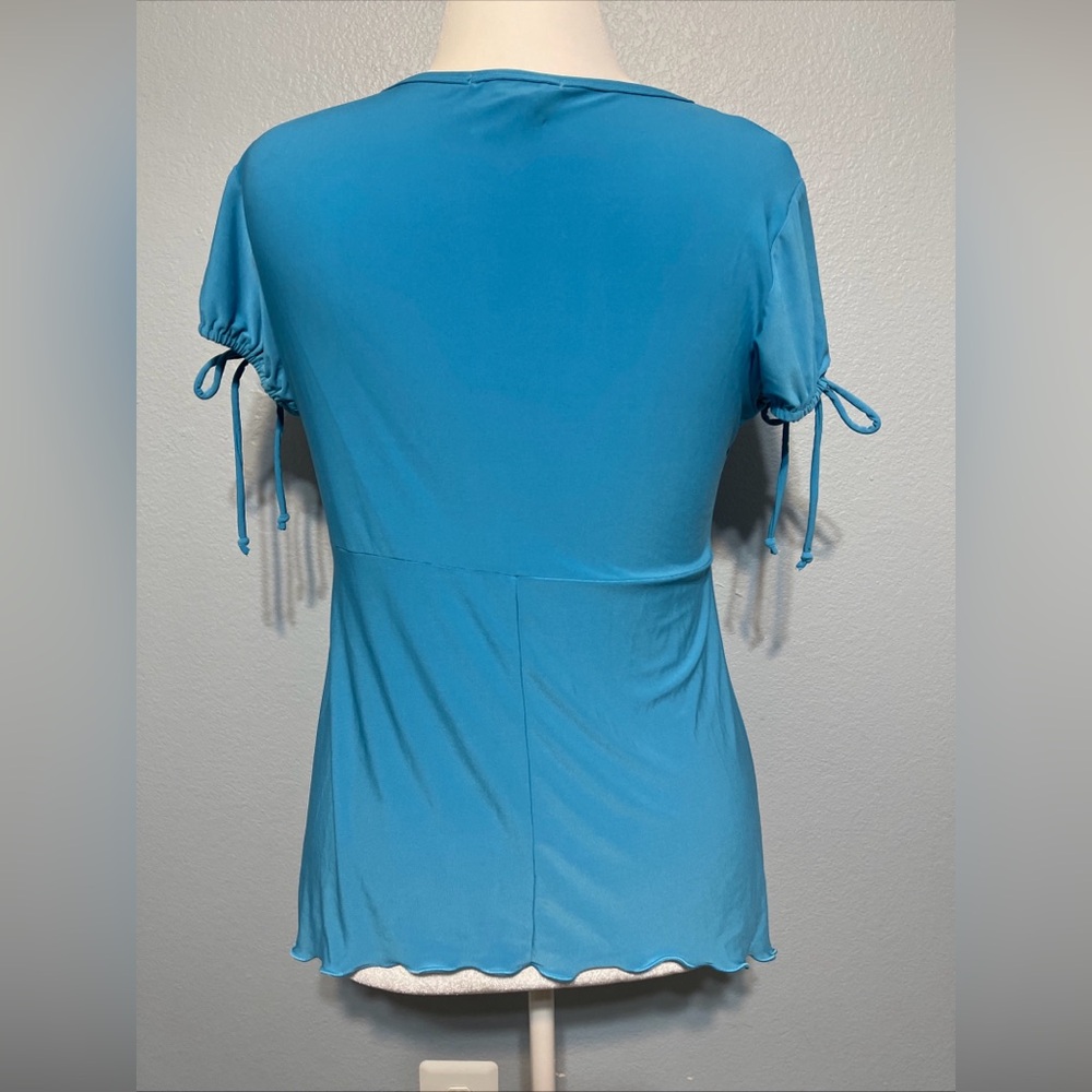 Teal Empire Waist Blouse Ruched Tie Sleeve Flowy Stretch Top Babydoll Large - Picture 3 of 8